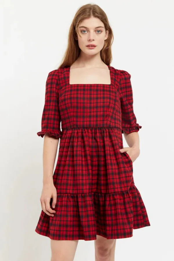 Louche Sassa Winter Gingham Tiered Mini Dress in Red and Black