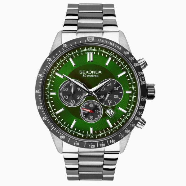 Sekonda Sekonda Velocity Chronograph Men's Watch | Silver Case & Stainless Steel Bracelet with Green Dial | 1913