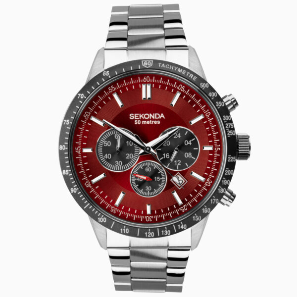 Sekonda Sekonda Velocity Chronograph Men's Watch | Silver Case & Stainless Steel Bracelet with Red Dial | 1914