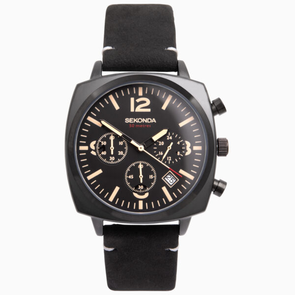 Sekonda Sekonda Airborne Men's Chronograph Watch | Black Case & Leather Strap with Black Dial | 1991