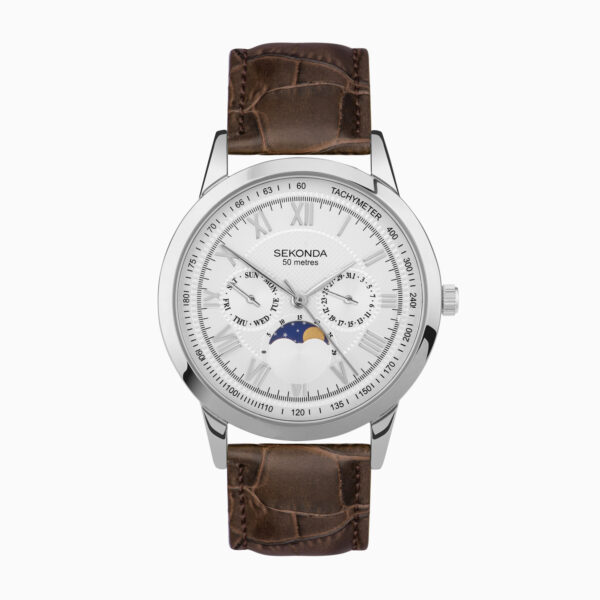 Sekonda Sekonda Armstrong Moon Phase Men’s Watch | Silver Alloy Case & Brown Leather Strap with Silver Dial | 30146