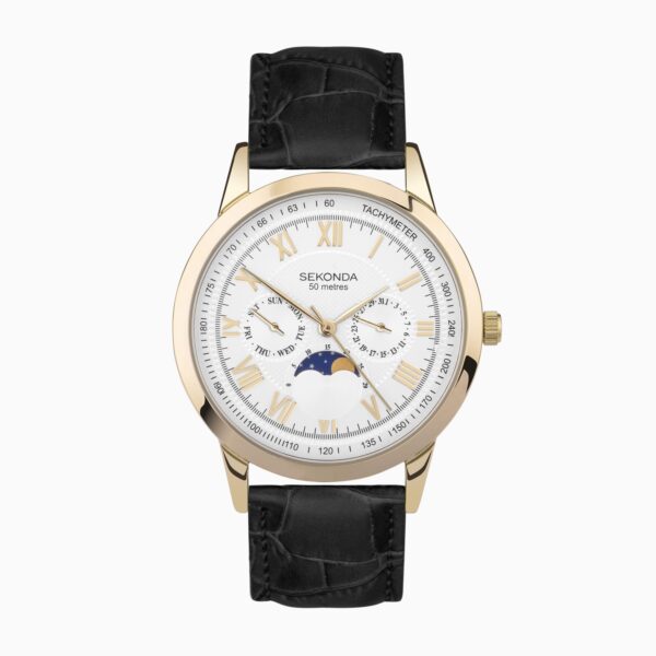 Sekonda Sekonda Armstrong Moon Phase Men’s Watch | Gold Alloy Case & Black Leather Strap with Silver Dial | 30147