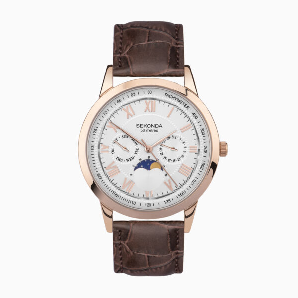 Sekonda Sekonda Armstrong Moon Phase Men’s Watch | Rose Gold Alloy Case & Brown Leather Strap with Silver Dial | 30148