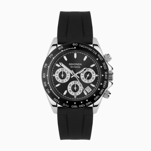 Sekonda Sekonda Circuit Chronograph Men’s Watch | Silver Alloy Case & Black Silicone Strap with Black Dial | 30199