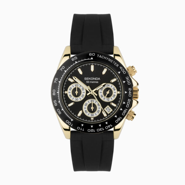 Sekonda Sekonda Circuit Chronograph Men’s Watch | Gold Alloy Case & Black Silicone Strap with Black Dial | 30202