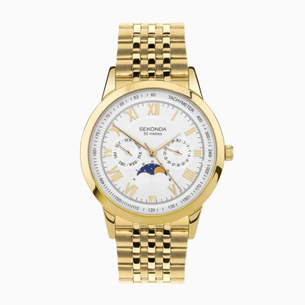 Sekonda Sekonda Armstrong Moon Phase Men’s Watch | Gold Alloy Case & Stainless Steel Bracelet with White Dial | 30228