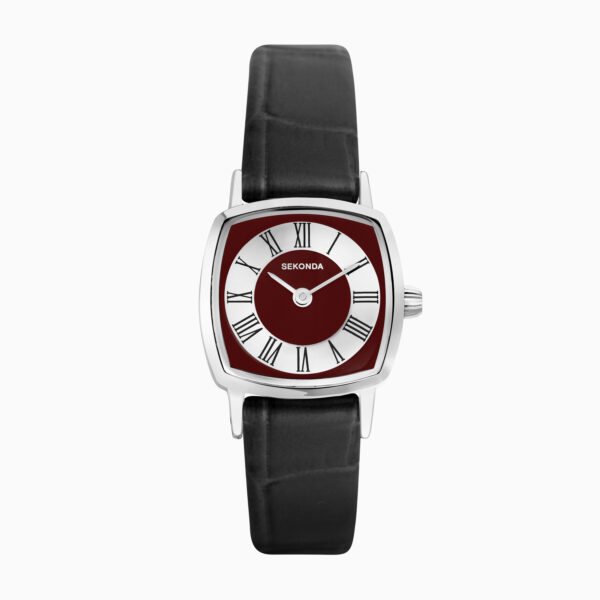 Sekonda Sekonda 1970s Ladies Watch | Silver Case & Black Leather Strap with Red Dial | 40376