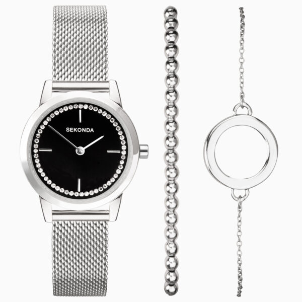 Sekonda Sekonda Ladies Gift Set Watch | Silver Case & Stainless Steel Mesh Bracelet with Black Dial | 49004