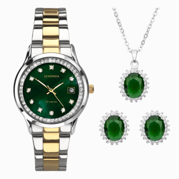 Sekonda Sekonda Catherine Ladies Watch Gift Set | Silver Alloy Case & Two Tone Stainless Steel Bracelet with Green Mother of Pearl Dial | 49038
