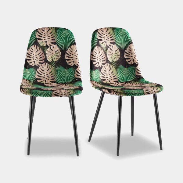 VonHaus Dining Chairs Set of 2 - Tropical Palm Leaf Print Kitchen Chairs with Black Metal Legs - Upholstered Cord Effect Pair of Chairs for Dining