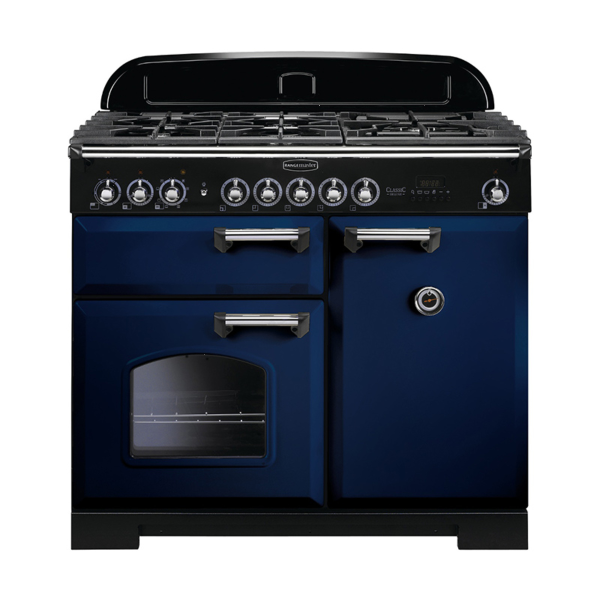 113830 CLASSIC Deluxe 100cm Dual Fuel Range Cooker, Regal Blue/Chrome Trim