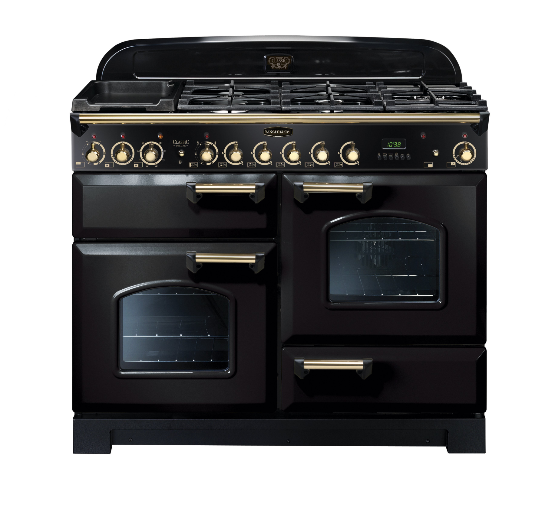 79800 CLASSIC Deluxe 110cm Dual Fuel Range Cooker, Black/Brass Trim