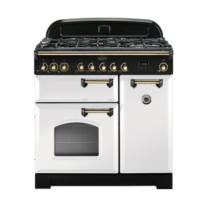 113560 CLASSIC Deluxe 90cm Dual Fuel Range Cooker, White/Brass Trim