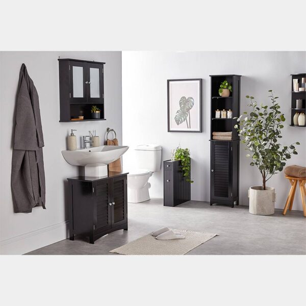 VonHaus Slim Bathroom Storage Unit - Small Black Slimline Bathroom Cabinet, Tongue & Groove - Narrow & Compact Freestanding Bathroom Organiser - Image 4