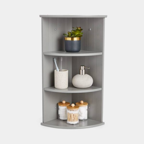 VonHaus Corner Shelf Unit - Grey 3 Tier Bathroom Shelving - Freestanding or Wall Mounted Display Shelves & Decor Stand - Tongue & Groove