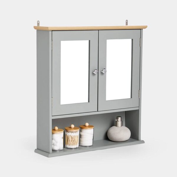 VonHaus Bathroom Mirror Cabinet – Grey Bathroom Wall Cabinet with Wood Effect Top - 2 Door Bathroom Cabinet with Mirror, 3 Internal Shelves