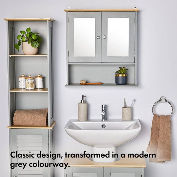 VonHaus Bathroom Mirror Cabinet – Grey Bathroom Wall Cabinet with Wood Effect Top - 2 Door Bathroom Cabinet with Mirror, 3 Internal Shelves - Image 2