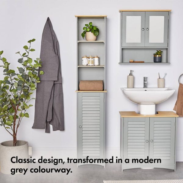 VonHaus Tall Bathroom Cabinet – Grey Bathroom Tallboy with Adjustable Shelves - Tall Bathroom Storage with Shutter Style Door, 3 Internal & 3 Open - Image 3