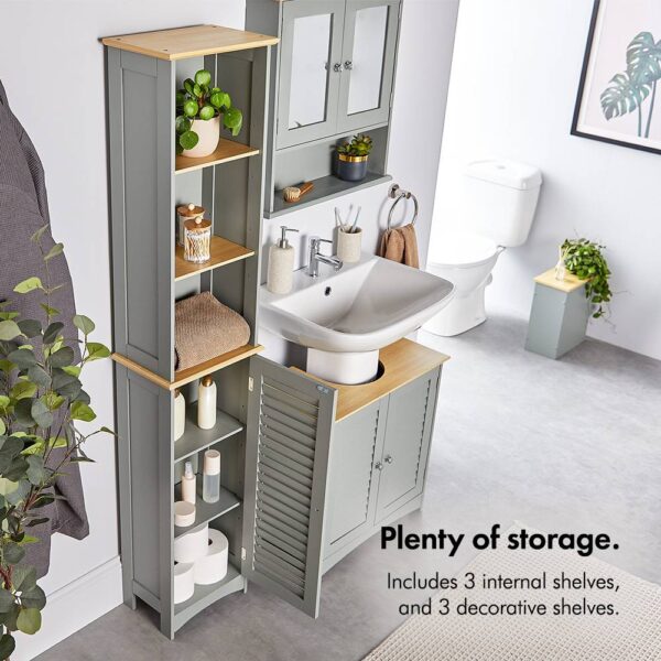 VonHaus Tall Bathroom Cabinet – Grey Bathroom Tallboy with Adjustable Shelves - Tall Bathroom Storage with Shutter Style Door, 3 Internal & 3 Open - Image 4