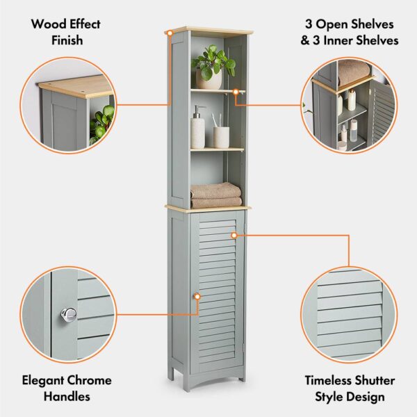 VonHaus Tall Bathroom Cabinet – Grey Bathroom Tallboy with Adjustable Shelves - Tall Bathroom Storage with Shutter Style Door, 3 Internal & 3 Open - Image 2