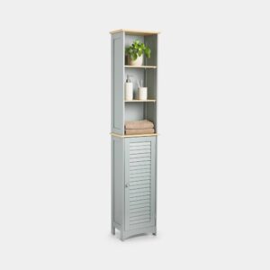 VonHaus Tall Bathroom Cabinet – Grey Bathroom Tallboy with Adjustable Shelves - Tall Bathroom Storage with Shutter Style Door, 3 Internal & 3 Open