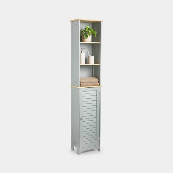 VonHaus Tall Bathroom Cabinet – Grey Bathroom Tallboy with Adjustable Shelves - Tall Bathroom Storage with Shutter Style Door, 3 Internal & 3 Open