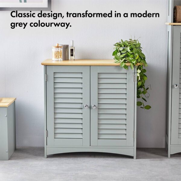 VonHaus Bathroom Storage Cabinet – Grey Bathroom Cupboard with Wood Effect Top - Freestanding Storage Cupboard with 2 Shutter Style Doors & 2 Internal - Image 2