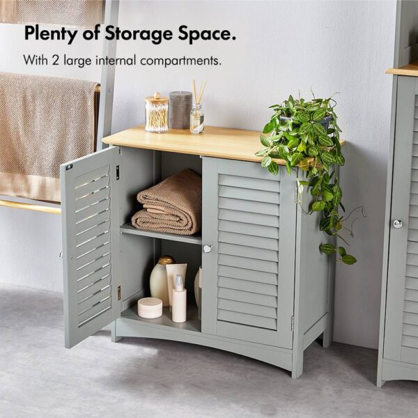 VonHaus Bathroom Storage Cabinet – Grey Bathroom Cupboard with Wood Effect Top - Freestanding Storage Cupboard with 2 Shutter Style Doors & 2 Internal - Image 3