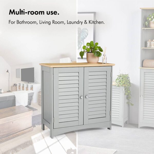 VonHaus Bathroom Storage Cabinet – Grey Bathroom Cupboard with Wood Effect Top - Freestanding Storage Cupboard with 2 Shutter Style Doors & 2 Internal - Image 4