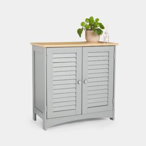 VonHaus Bathroom Storage Cabinet – Grey Bathroom Cupboard with Wood Effect Top - Freestanding Storage Cupboard with 2 Shutter Style Doors & 2 Internal