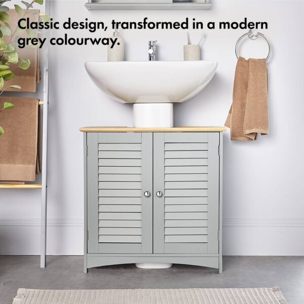 VonHaus Under Sink Bathroom Cabinet – Grey Under Sink Storage for Bathroom with Wood Effect Top - Under Basin Cabinet with 2 Internal Shelves - Image 2