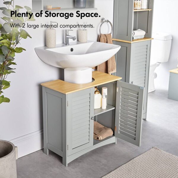 VonHaus Under Sink Bathroom Cabinet – Grey Under Sink Storage for Bathroom with Wood Effect Top - Under Basin Cabinet with 2 Internal Shelves - Image 3