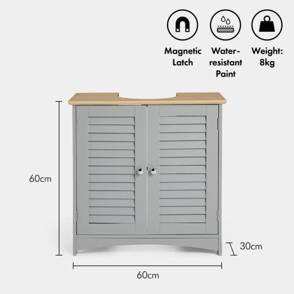 VonHaus Under Sink Bathroom Cabinet – Grey Under Sink Storage for Bathroom with Wood Effect Top - Under Basin Cabinet with 2 Internal Shelves - Image 4