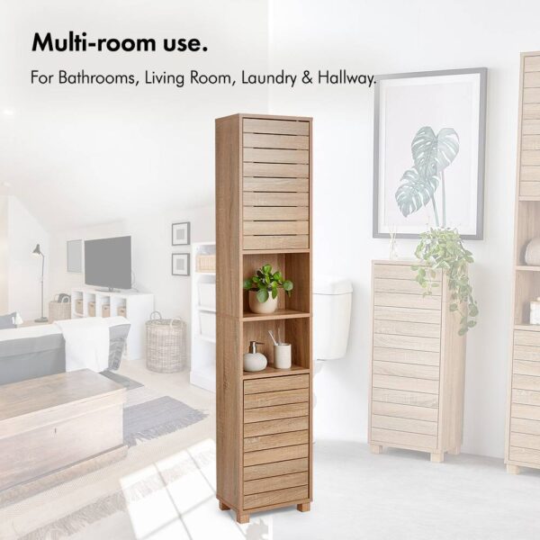 VonHaus Tall Bathroom Cabinet – Oak Wood Effect Bathroom Tallboy w/Slatted Design - Tall Bathroom Storage w/ 2 Handleless Cupboard Doors, 5 Internal - Image 4