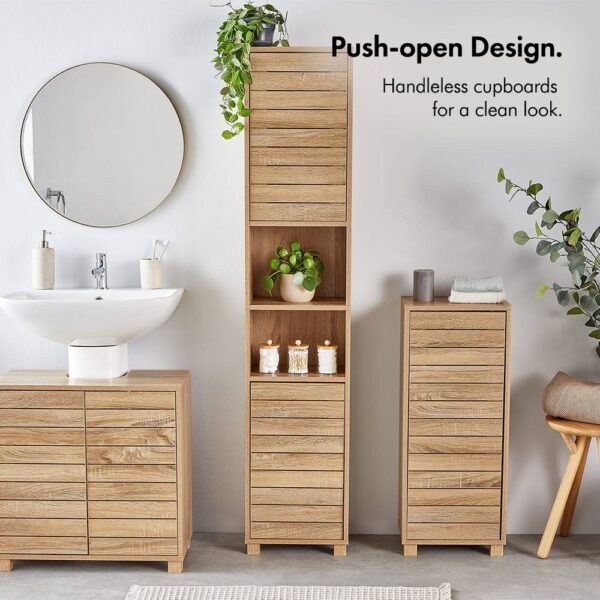 VonHaus Tall Bathroom Cabinet – Oak Wood Effect Bathroom Tallboy w/Slatted Design - Tall Bathroom Storage w/ 2 Handleless Cupboard Doors, 5 Internal - Image 3