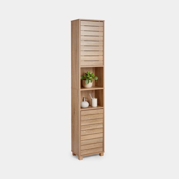 VonHaus Tall Bathroom Cabinet – Oak Wood Effect Bathroom Tallboy w/Slatted Design - Tall Bathroom Storage w/ 2 Handleless Cupboard Doors, 5 Internal