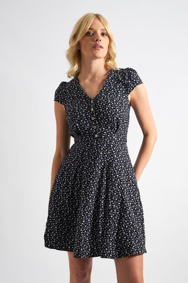 Cathleen Mini Forget Me Not Print Tea Dress Navy