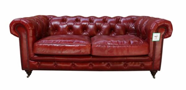 Vintage Distressed Chesterfield 2 Seater Sofa Rouge Red Real Leather