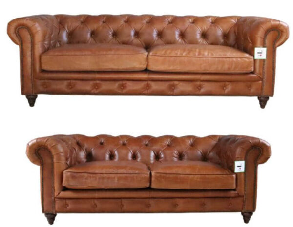 Vintage Distressed Tan Real Leather Chesterfield 3+2 Seater Sofa Suite