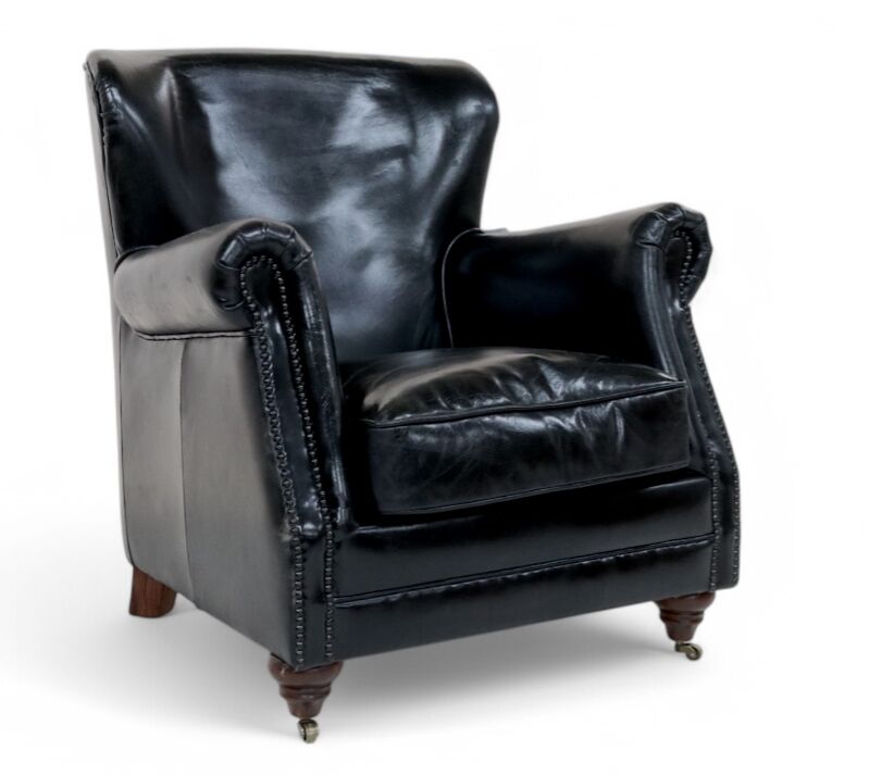 Vintage High Back Distressed Black Leather Armchair