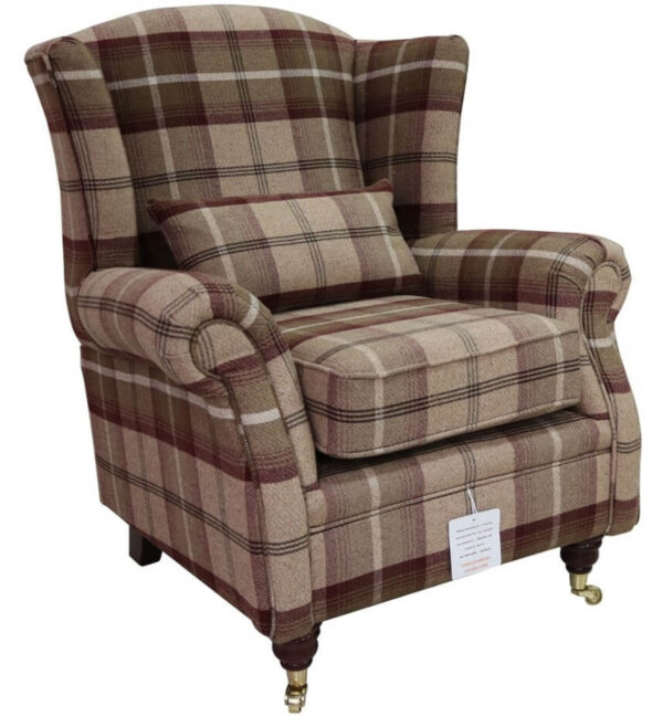 Wing Chair Fireside High Back Armchair Balmoral Mulberry Check Fabric P&S