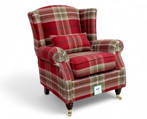 Wing Chair Fireside High Back Armchair Balmoral Red Check Fabric P&S