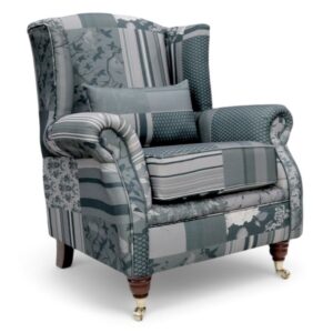 Wing Chair Fireside High Back Armchair Charles Patchwork Grey Fabric