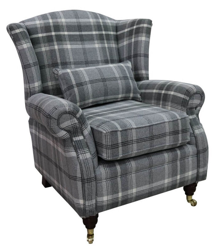 Wing Chair Fireside High Back Armchair Balmoral Dove Grey Check Fabric P&S