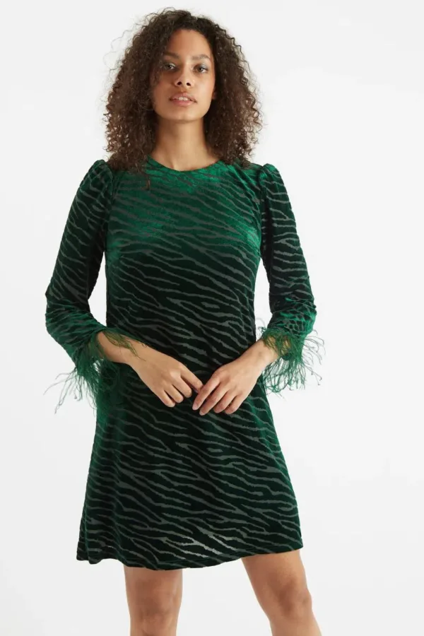 Louche Celie Zebra Devore Feather Trimmed Mini Dress Green