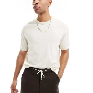 ASOS DESIGN Mens relaxed knitted textured t-shirt in stone-Neutral - Size 2XL