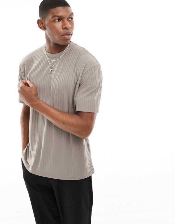ASOS DESIGN Mens relaxed rib t-shirt in brown - Beige - Size 2XL