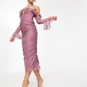 ASOS DESIGN Womens corset bust detail bardot midi dress with ruched skirt in mauve-Purple - Size 10 UK