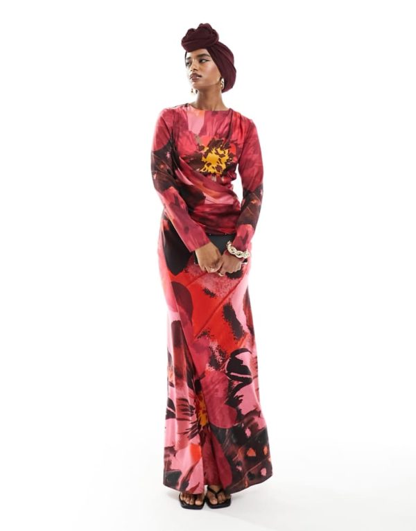 ASOS DESIGN Womens satin drape detail maxi dress in pink large floral print-Multi - Multicolour - Size 4 UK