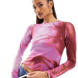 ASOS DESIGN Womens printed mesh base layer long sleeve top in pink floral - Size X-Small